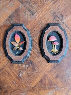 Vintage Mushroom & Leaf Wall Plaque Set Cork Metal Nature Decor 6x8